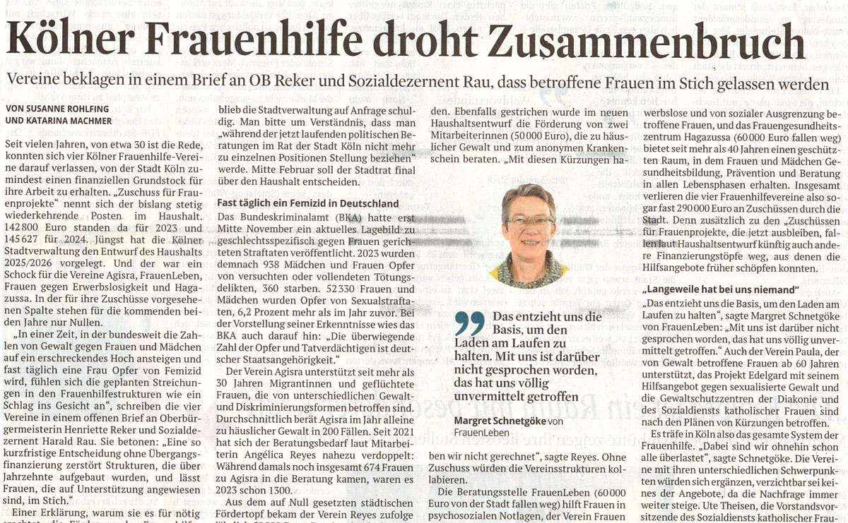 Artikel im Kölner Stadtanzeiger zum Haushaltsentwurf Kölner Frauenhilfe 