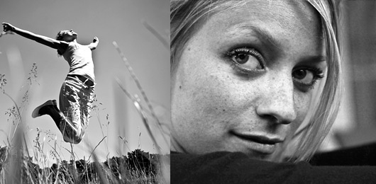 Bild: 2 Frauen:springende Frau, Frau Portrait seitlich